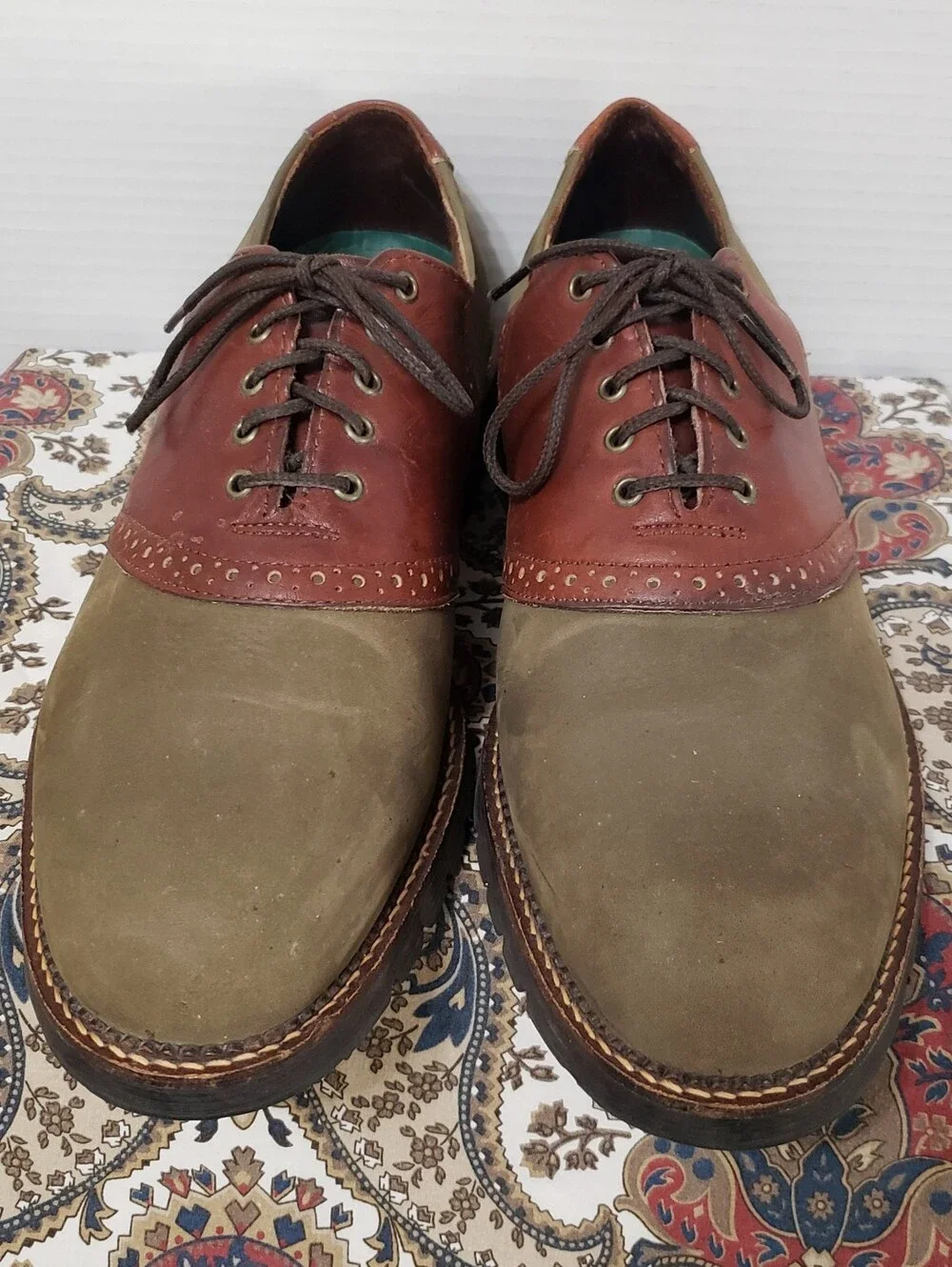 H.S.Trask Mens Loden Green Nubuck Brown Leather Saddle Oxford Shoes 11M